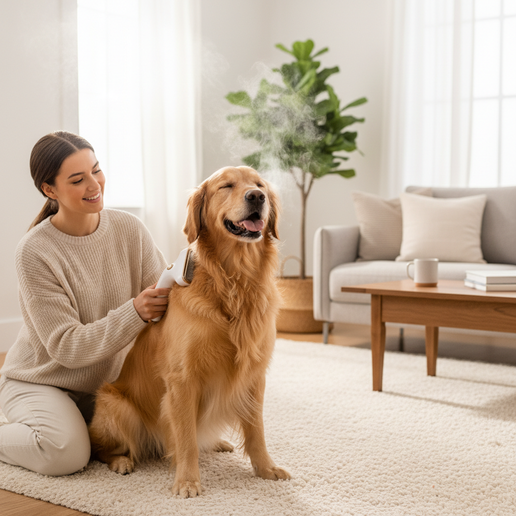 Golden retriever being gently groomed with a steam brush in a bright living room