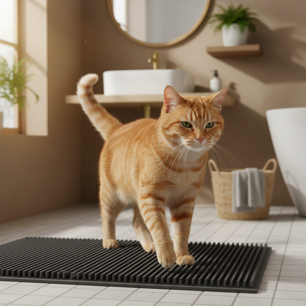 Cat stepping off waterproof litter mat in a cozy home bathroom