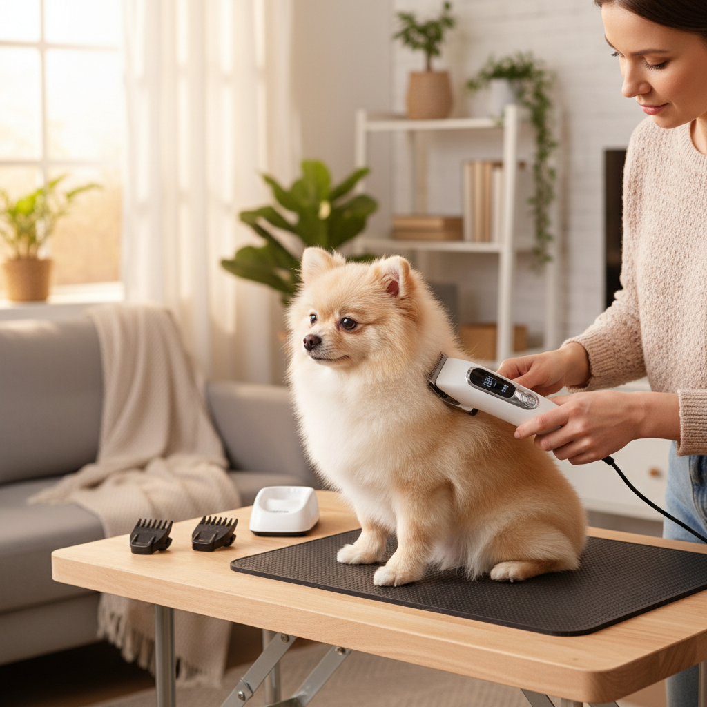 Small fluffy dog sitting calmly while owner uses cordless pet grooming kit at home